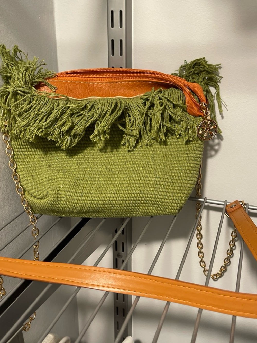 & Other Stories Olive Green Fringe Crossbody with Orange Trim